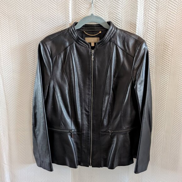 Talbots Black Leather Peplum Zip Jacket Lamb Skin Buttery-Soft Leather Size 14P - Picture 1 of 13